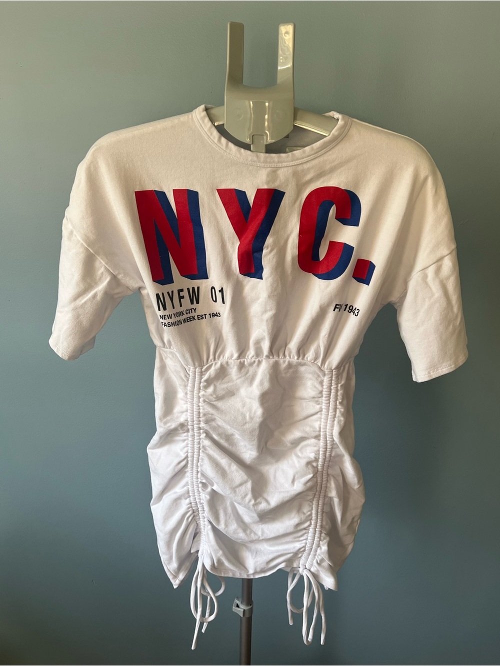 Fashion Nova White NYC Graphic Drawstring Mini Tee Dress - Size Small - Picture 3 of 7